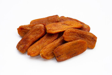 Sun dried bananas on white background.