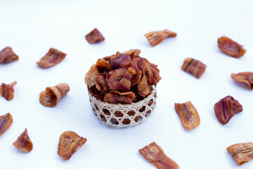 Banana slice chips on white background.