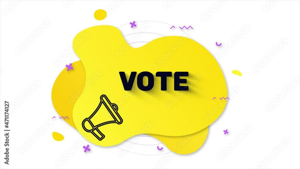 Aufkleber black megaphone with text vote. memphis style banner with abstract geometric shapes on yellow backgr