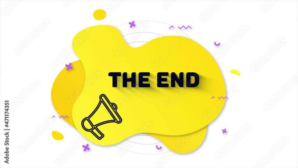 Leinwandbilder Black megaphone with text The end. Memphis style banner with abstract geometric shapes on yellow background. Banner and outline round elements with megaphone. 4K video motion graphic