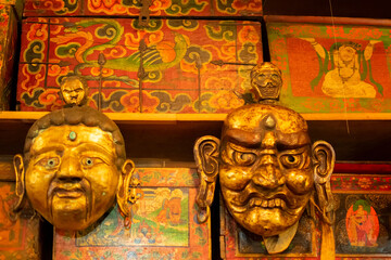 Tibetan masks on display at local market , Leh, Ladakh, India. These masks are traditional festive...