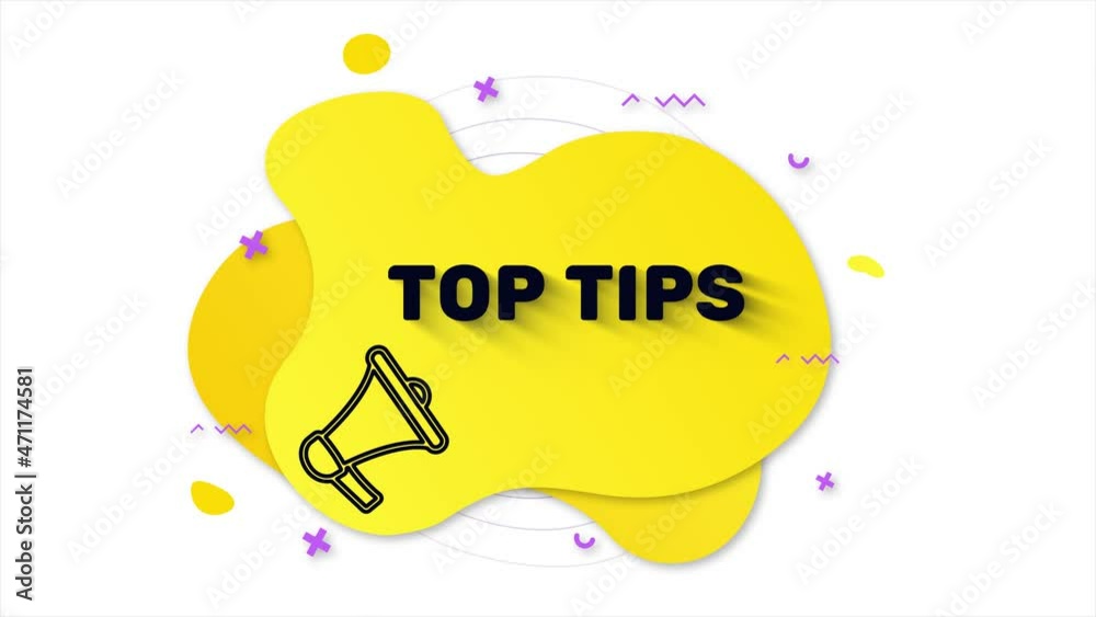 Poster black megaphone with text top tips. memphis style banner with abstract geometric shapes on yellow ba