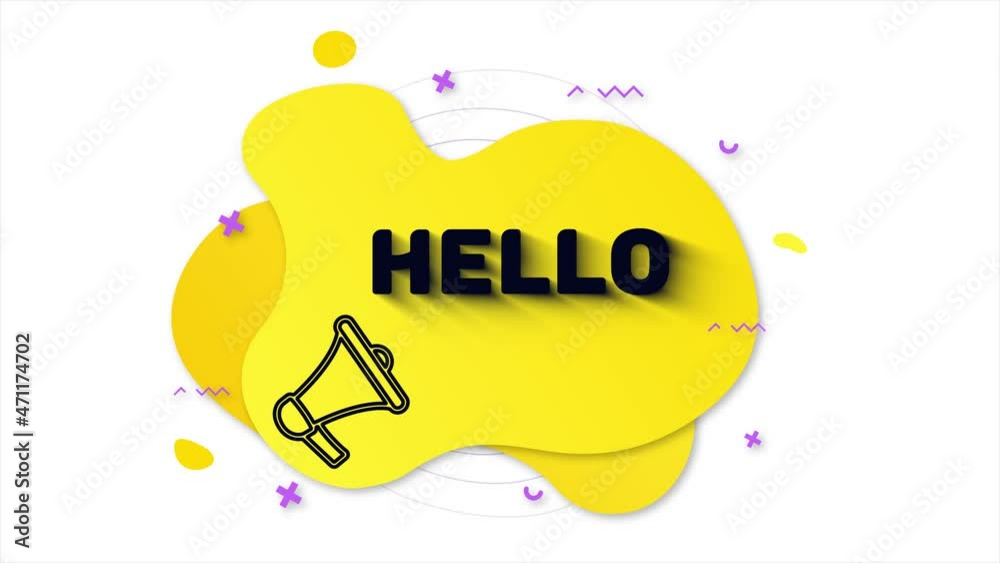 Poster Black megaphone with text Hello. Memphis style banner with abstract geometric shapes on yellow background. Banner and outline round elements with megaphone. 4K video motion graphic