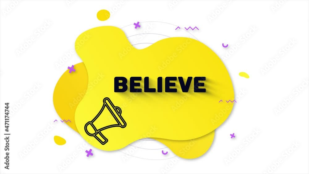 Aufkleber black megaphone with text believe. memphis style banner with abstract geometric shapes on yellow bac