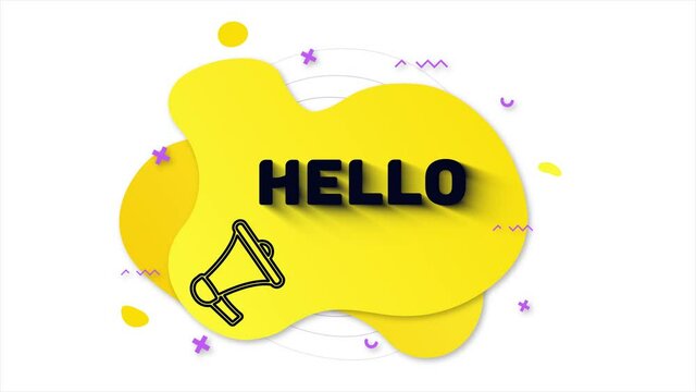 Black megaphone with text Hello. Memphis style banner with abstract geometric shapes on yellow background. Banner and outline round elements with megaphone. 4K video motion graphic