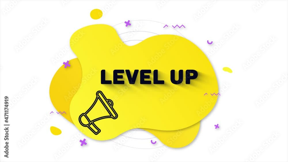 Poster Megaphone with text Level up. Memphis style banner with abstract geometric shapes on yellow background. Banner and outline round elements with megaphone. 4K video motion graphic