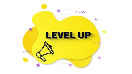 Megaphone with text Level up. Memphis style banner with abstract geometric shapes on yellow background. Banner and outline round elements with megaphone. 4K video motion graphic - Powered by Adobe