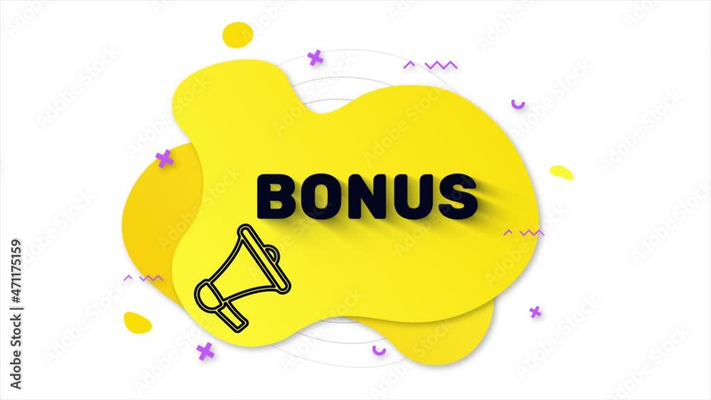 Aufkleber Black megaphone with text Bonus. Memphis style banner with abstract geometric shapes on yellow background. Banner and outline round elements with megaphone. 4K video motion graphic