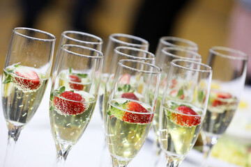 Close up of multiple clear glass champagne stem flutes with strawberries and bubbles. Fizz and...