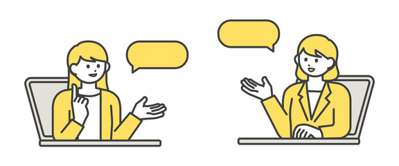 PC越しにディスカッションをする女性のイラスト素材