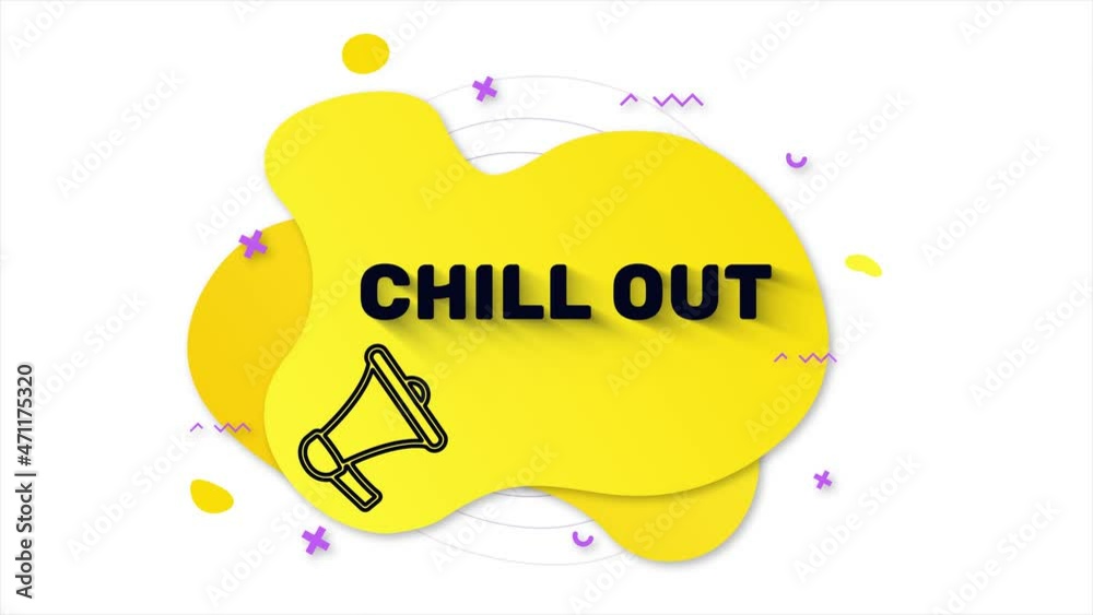 Poster megaphone with text chill out. memphis style banner with abstract geometric shapes on yellow backgro