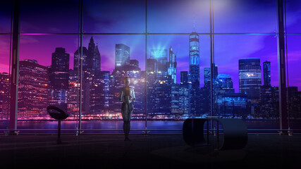 Robot in the office against the backdrop of the night cityscape, 3D render.