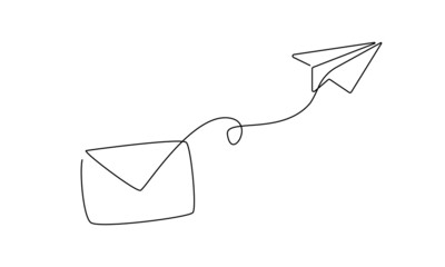 One continuous line drawing of flying Paper plane and mail. Sending Email message and newsletter in simple linear style. Concept of business metaphor and creative idea. Vector illustration - obrazy, fototapety, plakaty