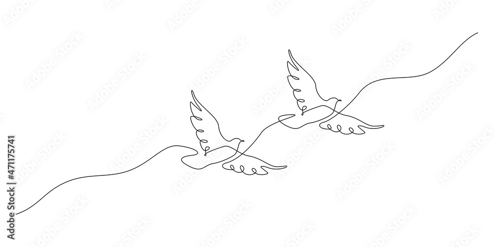 Poster one continuous line drawing of flying couple doves. two birds symbol of peace love and freedom in si