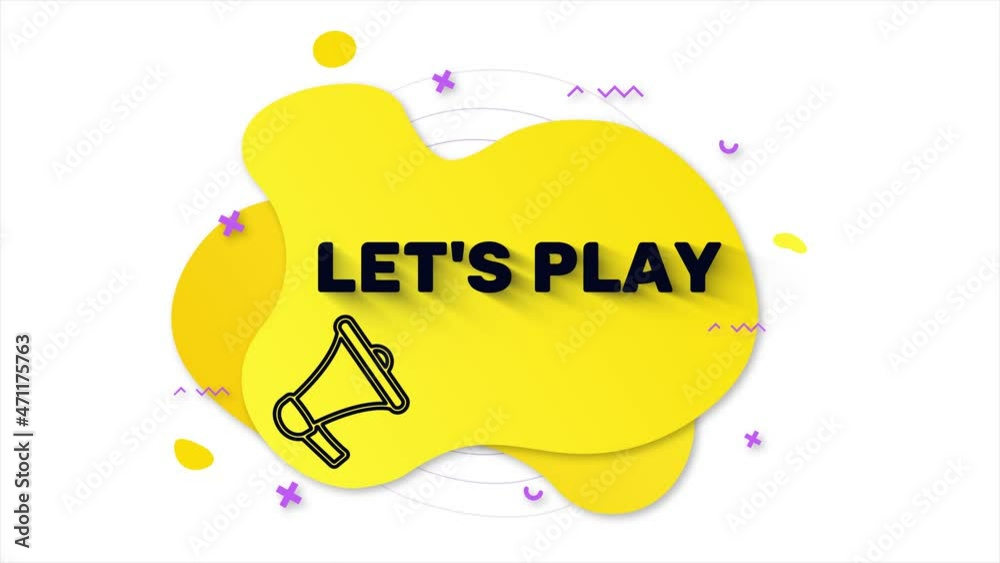 Poster Megaphone with text Let's play. Memphis style banner with abstract geometric shapes on yellow background. Banner and outline round elements with megaphone. 4K video motion graphic