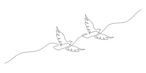 One continuous line drawing of flying couple doves. Two Birds symbol of peace love and freedom in simple linear style. Concept for national labor movement icon editable stroke. Vector illustration