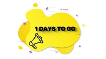 Megaphone with text 1 day to go. Memphis style banner with abstract geometric shapes on yellow background. Banner and outline round elements with megaphone. 4K video motion graphic