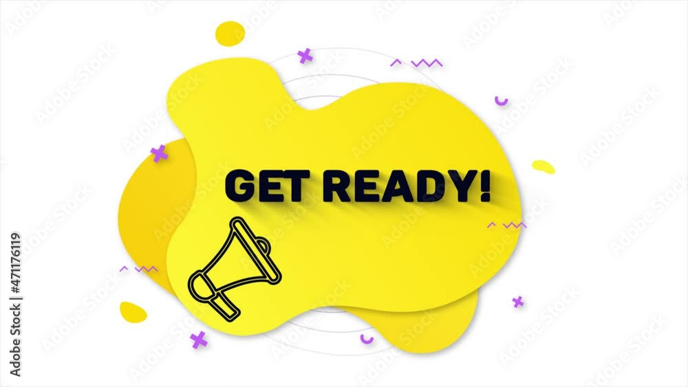 Poster Megaphone with text Get ready. Memphis style banner with abstract geometric shapes on yellow background. Banner and outline round elements with megaphone. 4K video motion graphic
