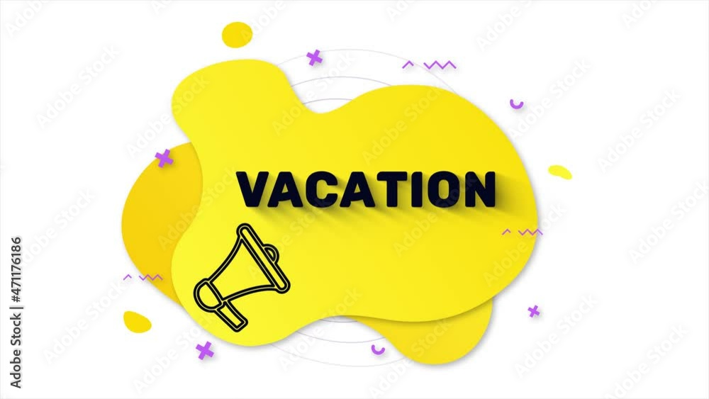 Fototapete Megaphone with text Vacation. Memphis style banner with abstract geometric shapes on yellow background. Banner and outline round elements with megaphone. 4K video motion graphic