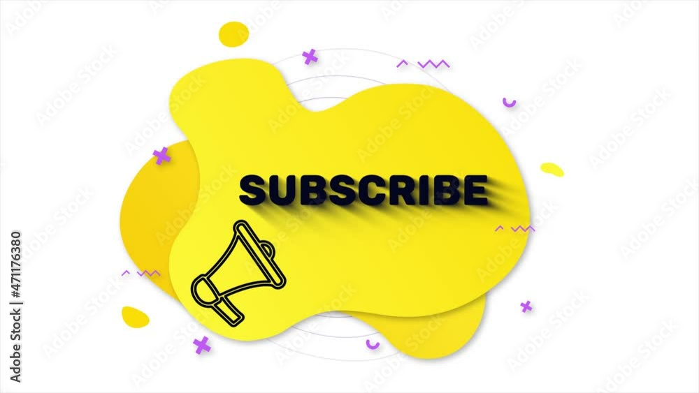 Aufkleber Megaphone with text Subscribe. Memphis style banner with abstract geometric shapes on yellow background. Banner and outline round elements with megaphone. 4K video motion graphic