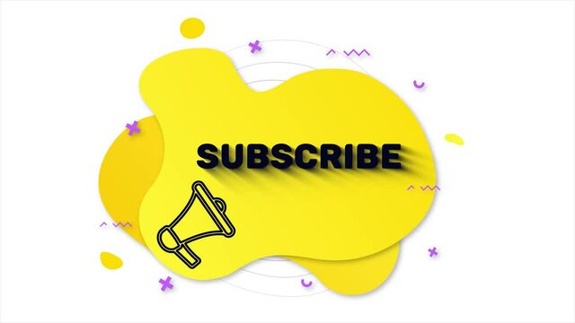 Megaphone with text Subscribe. Memphis style banner with abstract geometric shapes on yellow background. Banner and outline round elements with megaphone. 4K video motion graphic