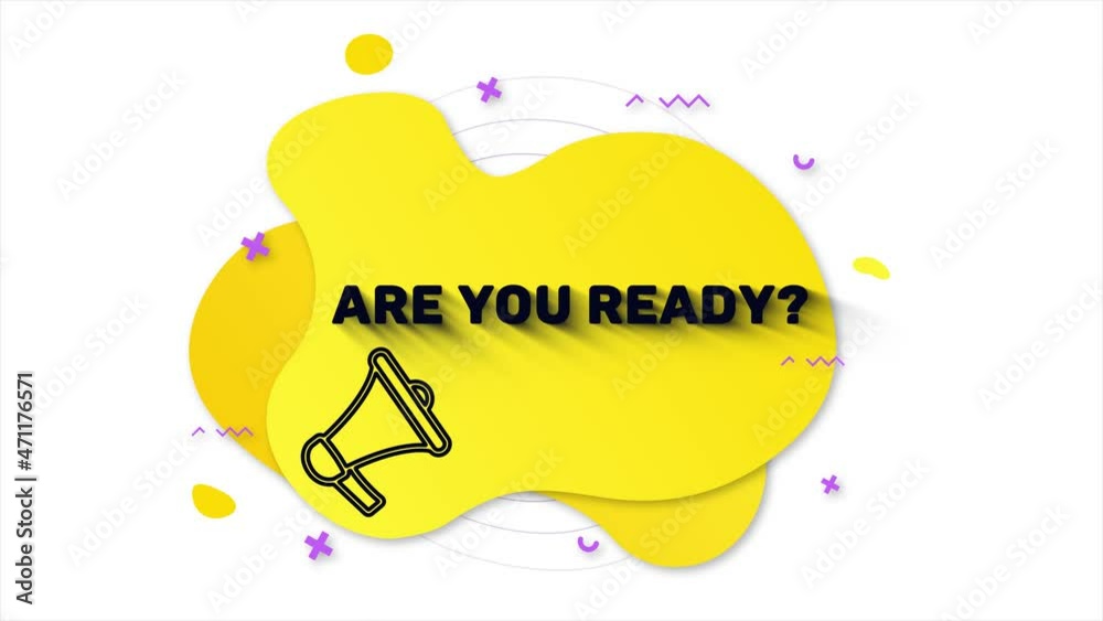 Leinwandbilder Megaphone with text Are You Ready. Memphis style banner with abstract geometric shapes on yellow background. Banner and outline round elements with megaphone. 4K video motion graphic