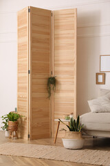 Folding screen and beautiful houseplants near white wall in room. Interior design