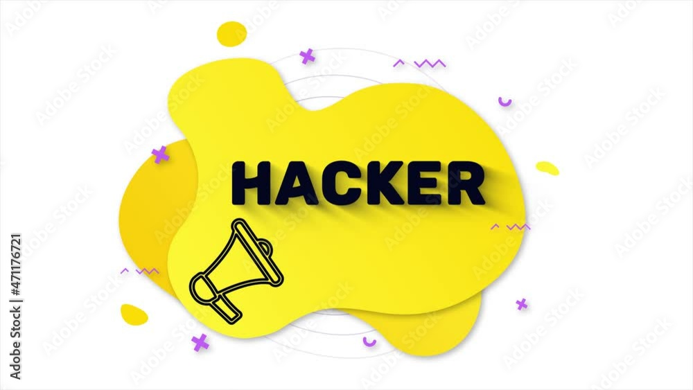 Leinwandbilder Black megaphone with text Hacker. Memphis style banner with abstract geometric shapes on yellow background. Banner and outline round elements with megaphone. 4K video motion graphic