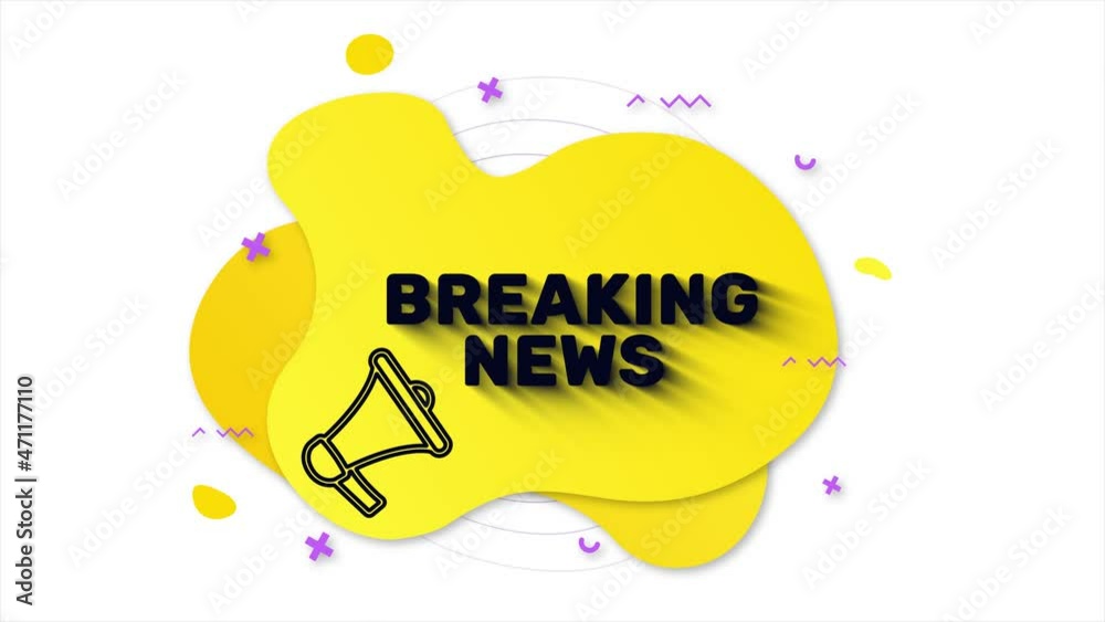 Leinwandbilder megaphone with text breaking news. memphis style banner with abstract geometric shapes on yellow bac