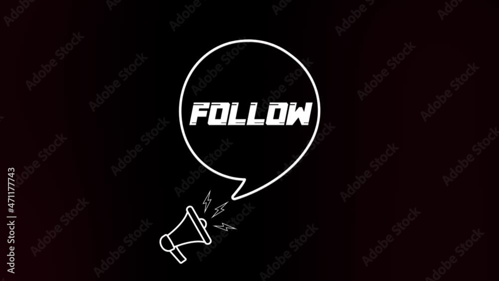 Aufkleber Megaphone with speech bubble and follow text on old tv glitch interference screen. Animation of retro Follow text. 4K video motion graphic