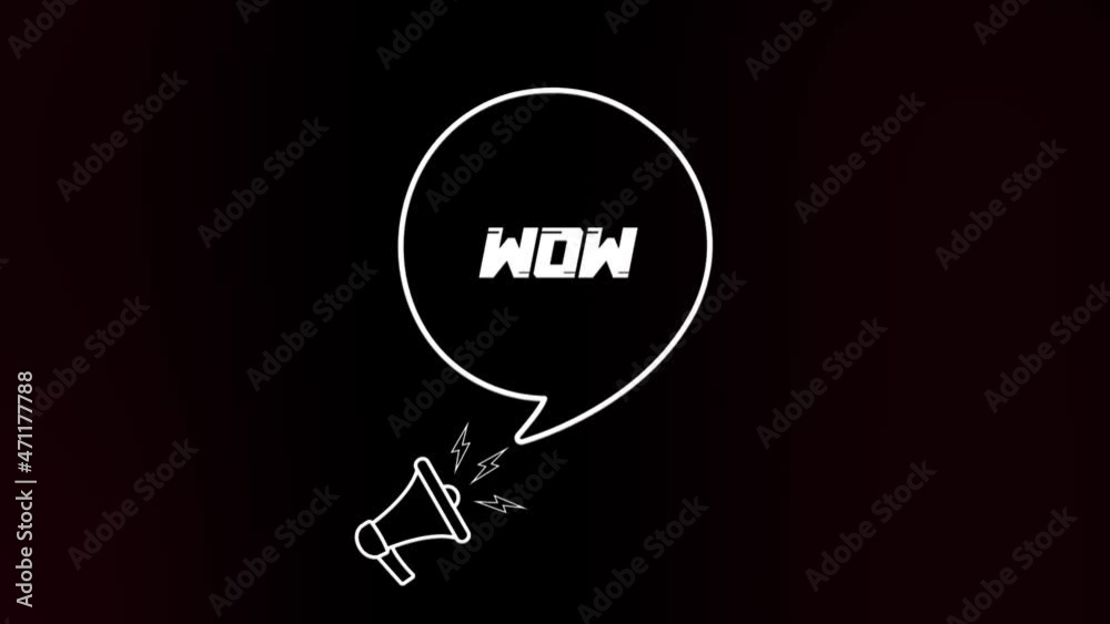 Aufkleber Megaphone with speech bubble and the wow text on old tv glitch interference screen. Animation of retro Wow text. 4K video motion graphic