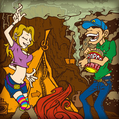 キャンプを楽しむカップルのポップなイラスト-Couple next camping fire and enjoying camping/ vector illustration / Pop cartoon characters