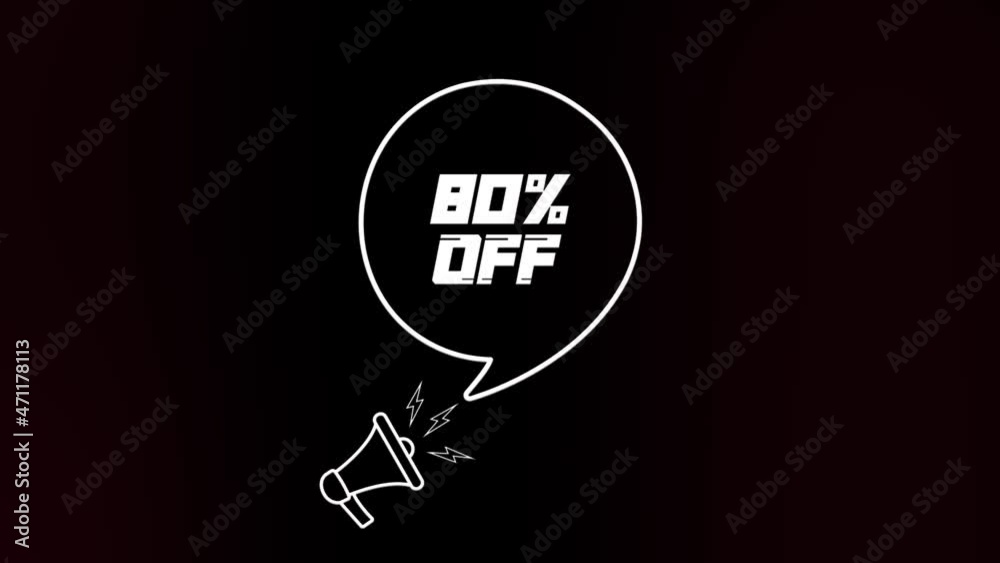 Poster megaphone with speech bubble and the 80 percent off text on old tv glitch interference screen. anima