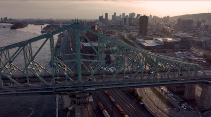Fototapeta na wymiar Aerial picture of Pont Jacques Cartier at dusk in Montreal city