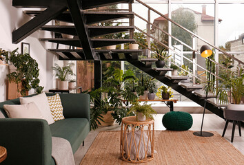 Stylish living room interior with comfortable sofa and green plants