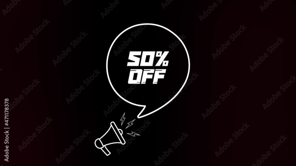 Poster megaphone with speech bubble and the 50 percent off text on old tv glitch interference screen. anima