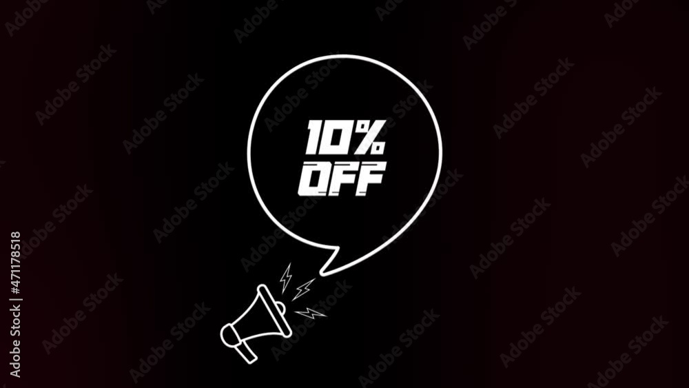 Poster megaphone with speech bubble and the 10 percent off text on old tv glitch interference screen. anima