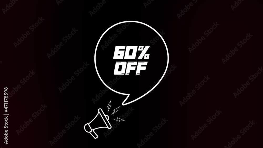 Poster megaphone with speech bubble and the 60 percent off text on old tv glitch interference screen. anima