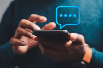 customer experience concept business man scoring smiley emoticon Customer Satisfaction Survey on Mobile Technology	