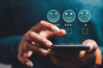 customer experience concept business man scoring smiley emoticon Customer Satisfaction Survey on...