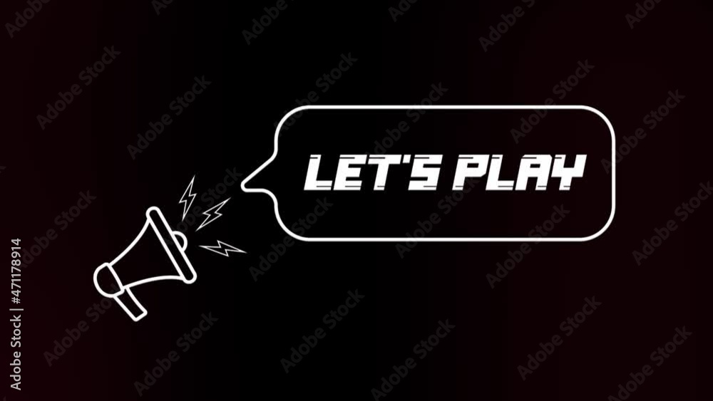 Poster Megaphone with speech bubble and the Let's play text on old tv glitch interference screen. Animation of retro let's play text. 4K video motion graphic