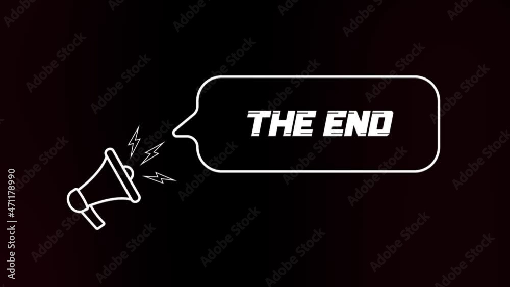 Poster Megaphone with speech bubble and the end text on old tv glitch interference screen. Animation of retro The end text. 4K video motion graphic