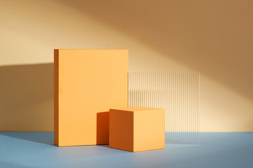 Front view of orange podium  in a beige background for advertising , abstract content - obrazy, fototapety, plakaty