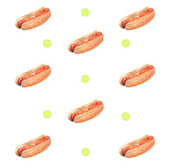 Pattern from the go-dogs drawn by hand in watercolor on a white background. Fast food pattern.

