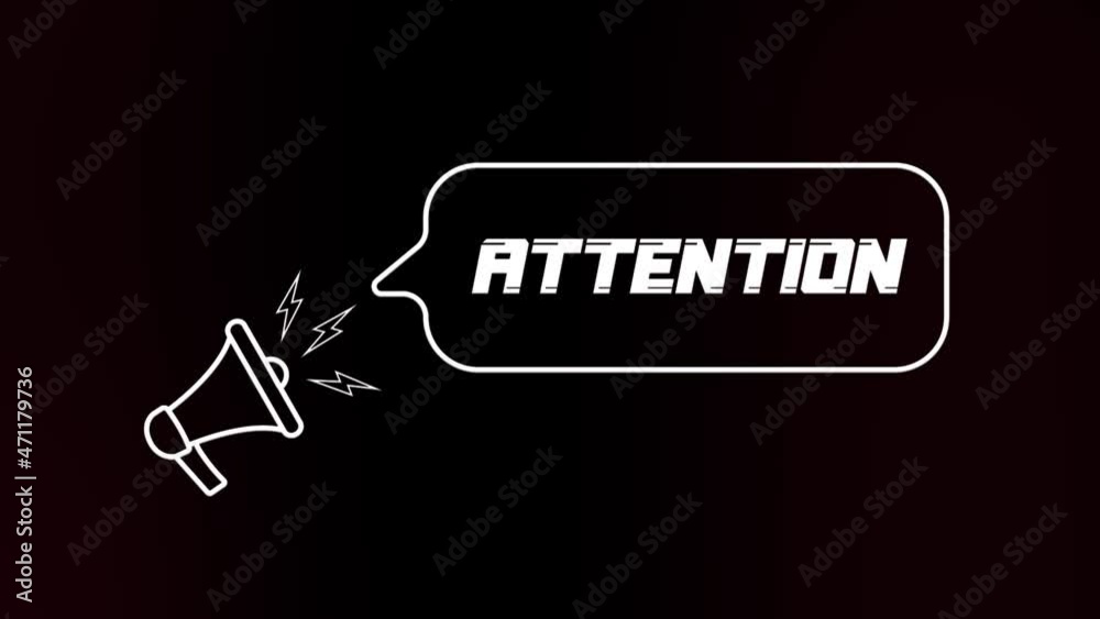 Poster Megaphone with speech bubble and the Attention text on old tv glitch interference screen. Animation of retro attention text. 4K video motion graphic