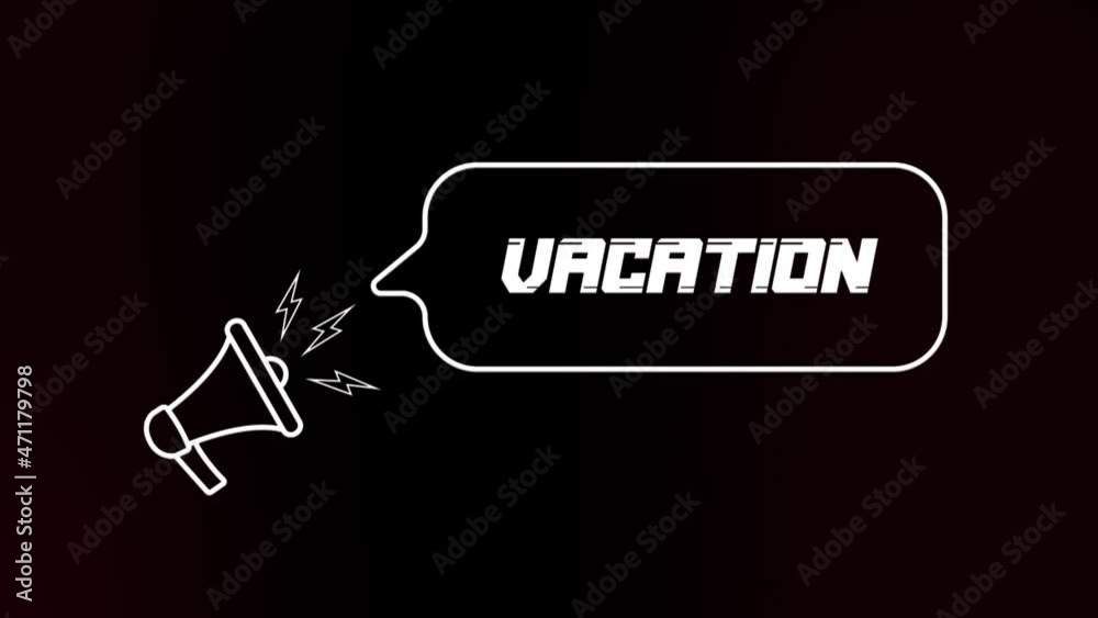 Poster megaphone with speech bubble and the vacation text on old tv glitch interference screen. animation o