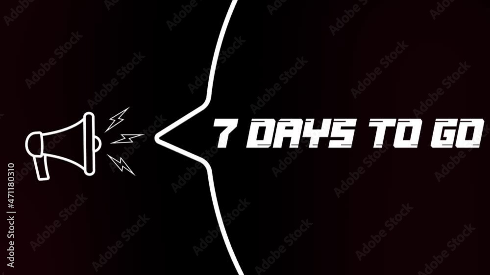Aufkleber Megaphone with speech bubble and 7 days to go text on old tv glitch interference screen. Animation of retro 7 days to go text. 4K video motion graphic