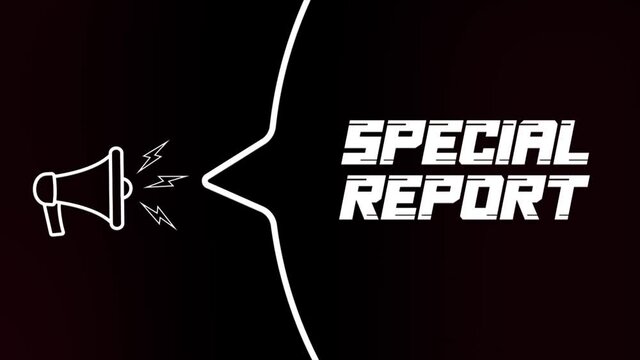 Megaphone with speech bubble and the Special report text on old tv glitch interference screen. Animation of retro special report text. 4K video motion graphic
