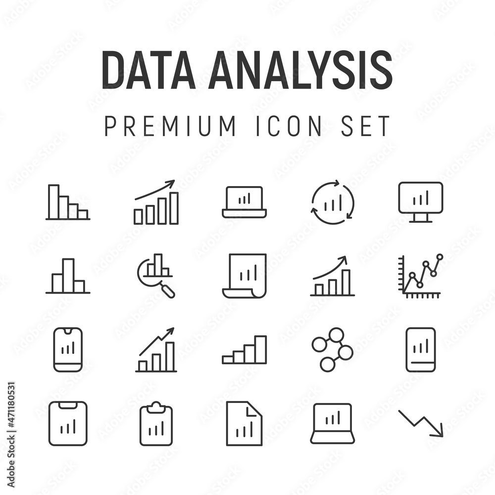 Poster vector set of data analysis thin line icons.