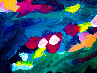 Abstract hand-painted background texture, jewel colours, blue, green, pink and yellow, bright and colourful artwork